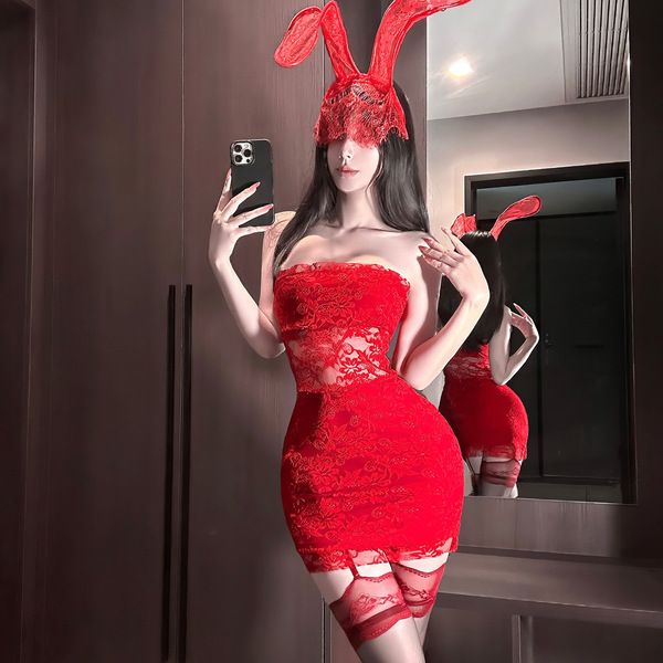 Red lace corset mini dress with bunny ears, perfect for new year eve party outfits. sexy bodycon design, ideal for women seek...