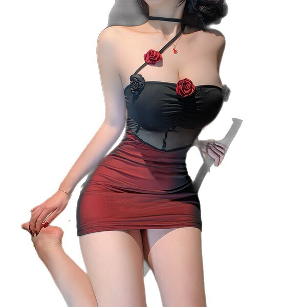 Seductive sheer sleep dress featuring built-in pads, black and red design with rose embellishments, bodycon fit for comfort a...