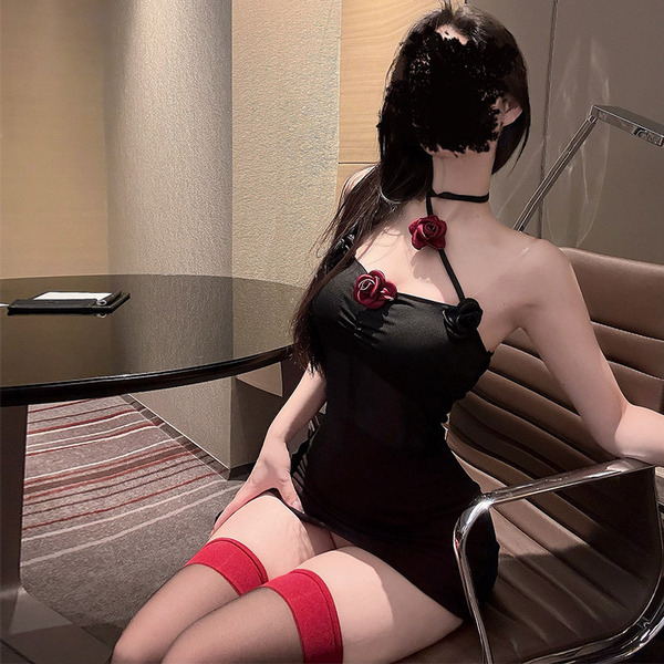 Sexy black sleep dress with sheer fabric, featuring red rose accents and built-in padded straps for a bodycon fit.