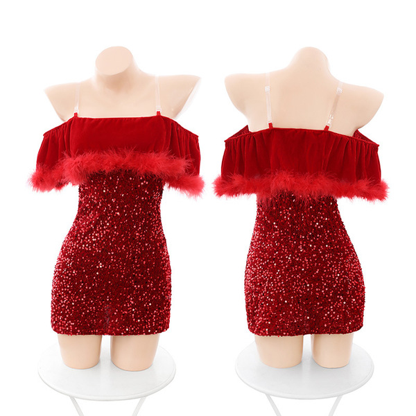 New year off-shoulder cutout sequin dress - sexy lingerie set for adults, seductive costume outfit with feathery trim