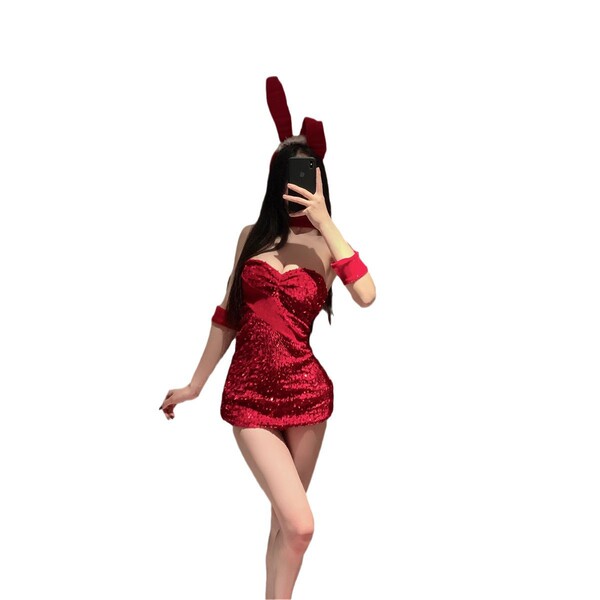 New year red halter bunny costume - sparkly bow bodysuit for cosplay & live streaming