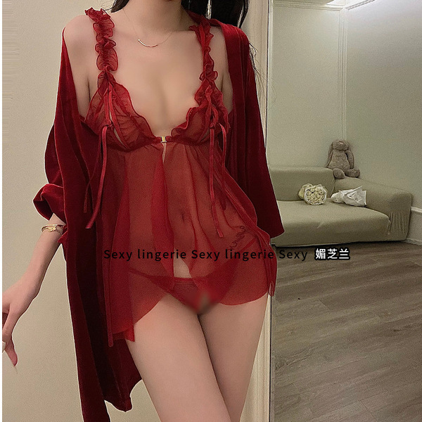 Sexy red sheer lingerie set with ruffled design, perfect holiday costume or bathrobe sleep dress for women. festive and allur...