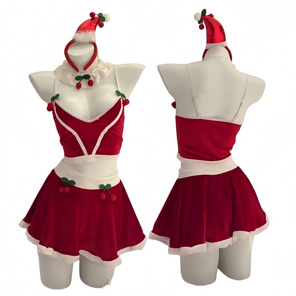 New year sexy lingerie set - cherry-themed pure & tempting split costume for live streamers, featuring festive red and white ...