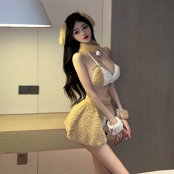 Sexy new year lingerie set featuring cute plush bear design, perfect anime costume for women, nightclub no-remove outfit.
