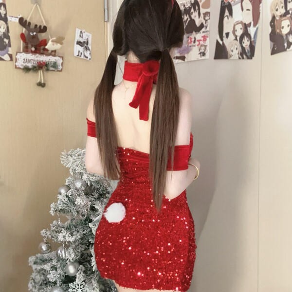 Sexy red velvet bodysuit with sparkles, christmas bunny girl design, festive lingerie set, perfect for holiday outfits.