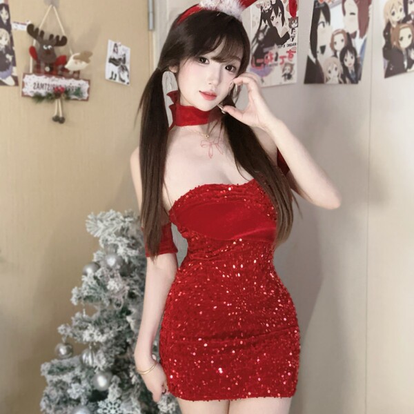 Sexy red velvet bodysuit adorned with sparkles, perfect for festive celebrations. ideal as christmas bunny girl lingerie set,...