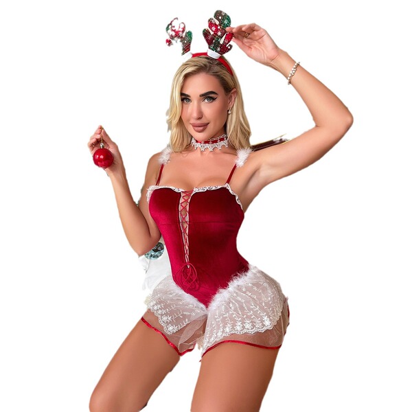 Sexy bunny girl lingerie set featuring velvet bodice, lace trim, and festive headband with antlers. perfect holiday costume o...