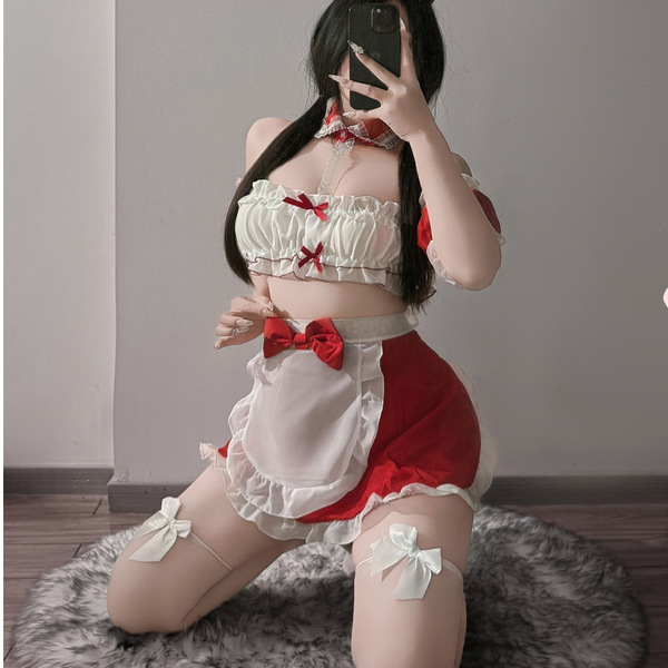 Sexy maid costume with red accents, featuring a strapless thong design, perfect for festive or themed occasions.