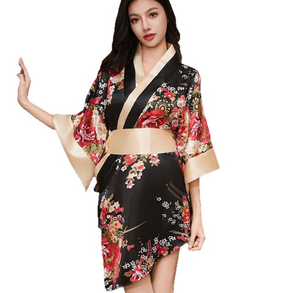 Elegant black floral design japanese kimono-style robe with beige accents, perfect for women seeking seductive role play slee...