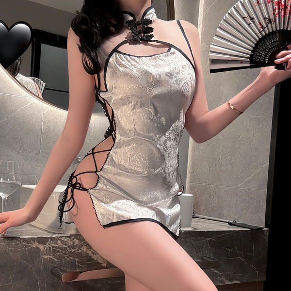 Vintage-inspired cheongsam lingerie set featuring a seductive split design, perfect for romantic couple play outfits.