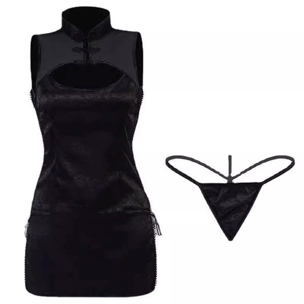 Vintage-inspired black cheongsam with split design, paired with matching thong-style lingerie for romantic couple play.