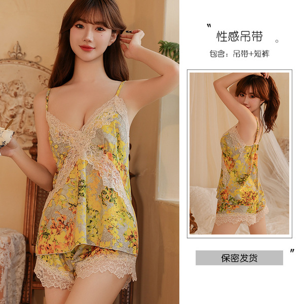 Silky Satin Sexy Lingerie Set - Summer Lace Slip Dress & Pure-Elegance Matching Underwear - Yellow tank top + shorts + jacket + belt
