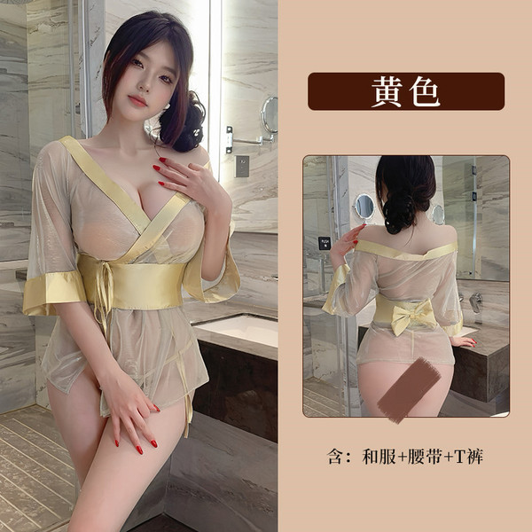 Fan Lei Sexy Lace Sheer Kimono Robe - Deep V-Neck Japanese-Inspired Lingerie Cover-Up - Yellow [Kimono + Obi + T-shirt]