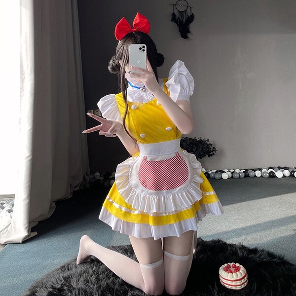 Japanese Style Plus Size Black White Lace Maid Dress - Lolita Cosplay Outfit Set for Women - Yellow Lolita Four-Piece Set