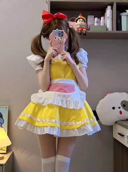 Black and White Cat Girl Cosplay Costume - Sexy Maid Outfit, Bunny Girl & Lolita Dress for Women - Yellow maid dress + apron + free headpiece + free bell necklace