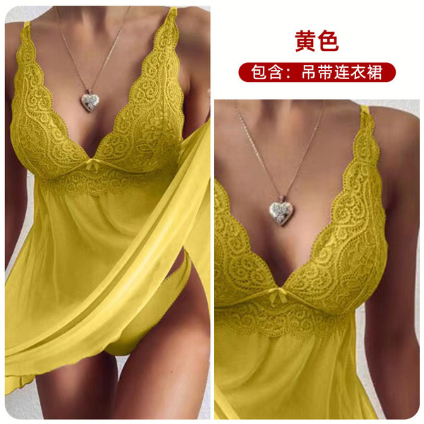 Sultry Lace Sheer Sleepwear Set - Elegant Women's Sexy Camisole & Matching Briefs,European and American Export Style - yellow