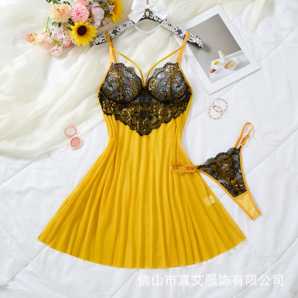 Pure & Alluring Lace Sleep Dress – Ultra-Thin Sheer Mesh Sensual Nightgown for Date Nights & Romantic Evenings - yellow