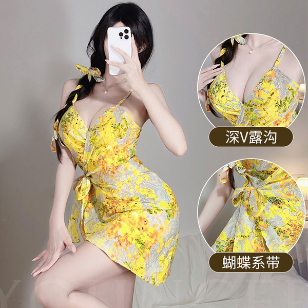 Yellow floral lace bodysuit set featuring deep v neckline and design, perfect for evening wear.