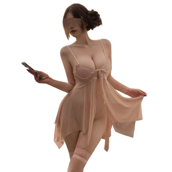 Woman wearing yeqin nu sensual lace sleep dress, sheer nightgown with adjustable straps and intricate cut-outs.