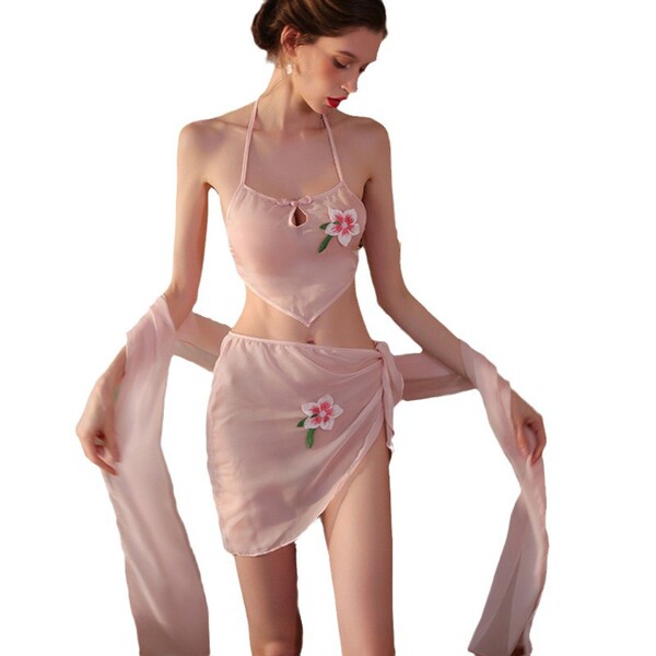 Seductive yeqin roleplay lingerie set featuring a delicate floral bodice bra paired with an elegant chinese-style skirt, perf...