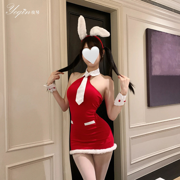 Sexy christmas bodycon dress - red halterneck with white trim and bunny ears, perfect holiday lingerie for new year date nigh...