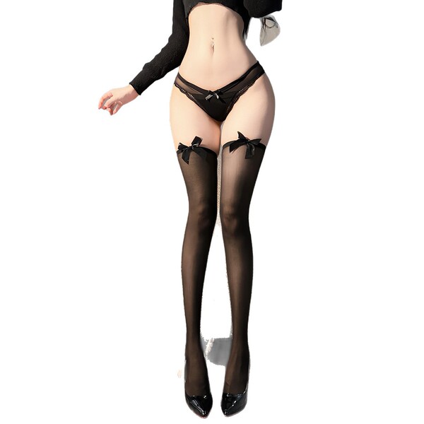Elegant black thigh-high stockings featuring bow details, perfect for women seeking stylish and sexy legwear.