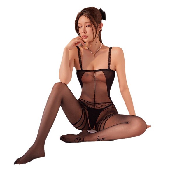 Woman wearing yeqingge sheer lace bodysuit with bow detail and floral jacquard stockings, seated pose.