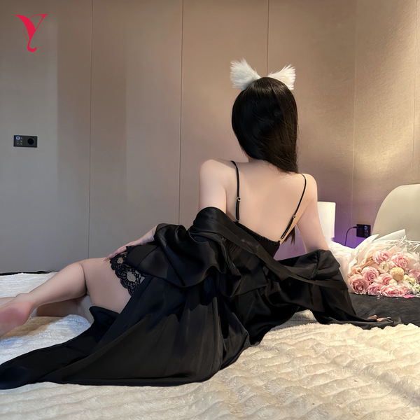 Sexy black cami sleep dress with lace trim and hollow-out design, paired with matching robe featuring cat ears, perfect for w...