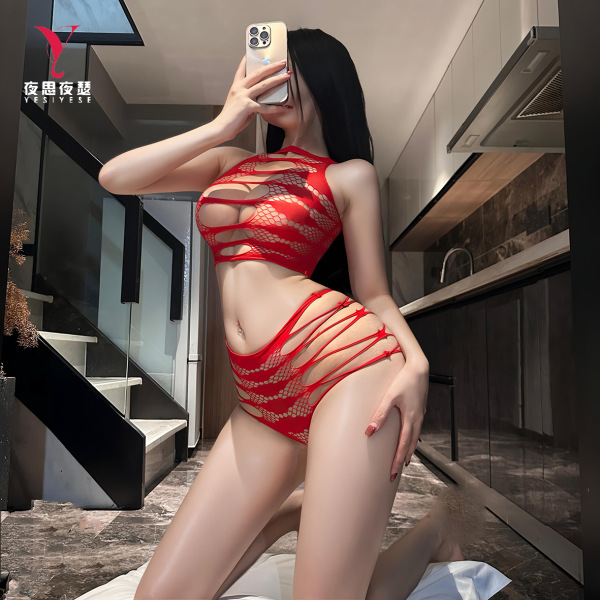 Woman modeling red yese yese lace trim mesh bodysuit set with sheer floral cut-outs, matching bra and panty ensemble.