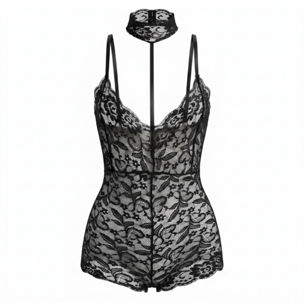 Black lace bodysuit with sheer floral pattern, cross-strap halter design, and matching choker for alluring nightwear.