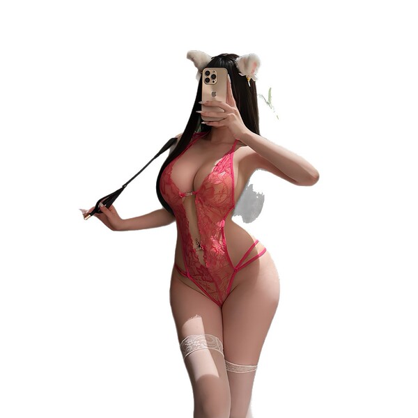 Woman in red lace sleepwear set with front-closure thong bra and matching robe, posing with phone selfie.
