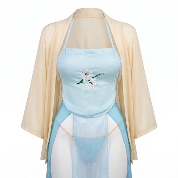 Vintage-inspired lingerie set featuring a chinese-style embroidered corset, sheer belly dance bodice, and elegant beige robe.