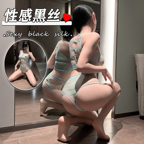 Sexy black silk bodysuit set featuring sheer mesh cut-out design, high-waisted panty, perfect for plus size women seeking pas...