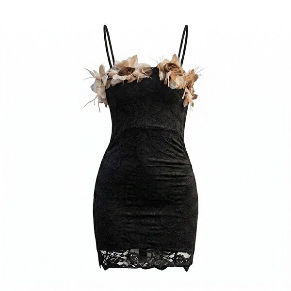 Elegant black lace floral bodice with delicate beige flowers, stylish spaghetti straps, perfect evening wear for women.