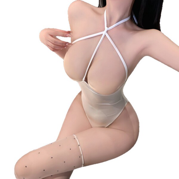 Woman wearing yesiyesi sexy lace bodysuit with halter neck design, showcasing seductive nightwear and adult lingerie outfit.
