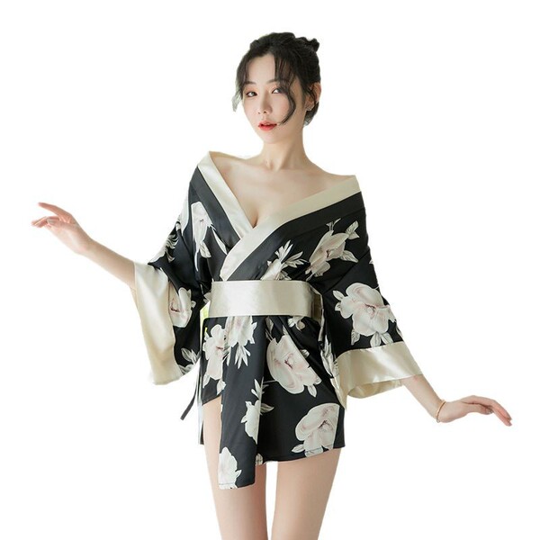 A woman models a yeyu sexy lingerie set featuring a deep v tie-waist corset paired with a floral chiffon kimono costume, perf...