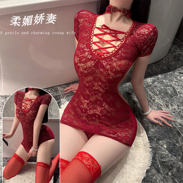 Sexy red lace qipao lingerie set for women, featuring revealing design, tight fit, pencil skirt, and open bust, perfect for s...