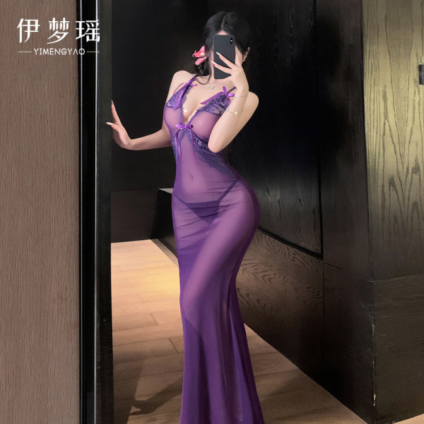 Woman in purple yi mengyao seductive stepmother dress with deep v lace, sheer mesh & bow detail.