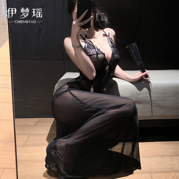 Woman wearing yi mengyao seductive stepmother dress - deep v lace camisole nightgown with sheer mesh, bow detail, and flowing...