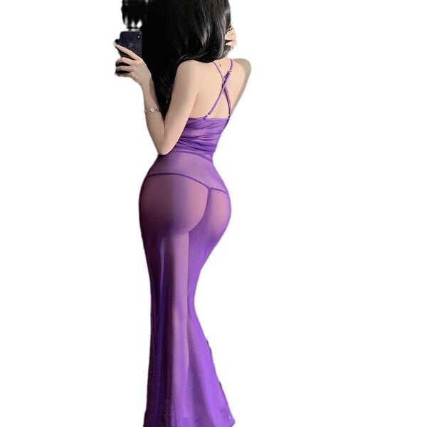 Woman wearing purple yi mengyao seductive stepmother dress with sheer mesh, deep v lace camisole back and bow detail.