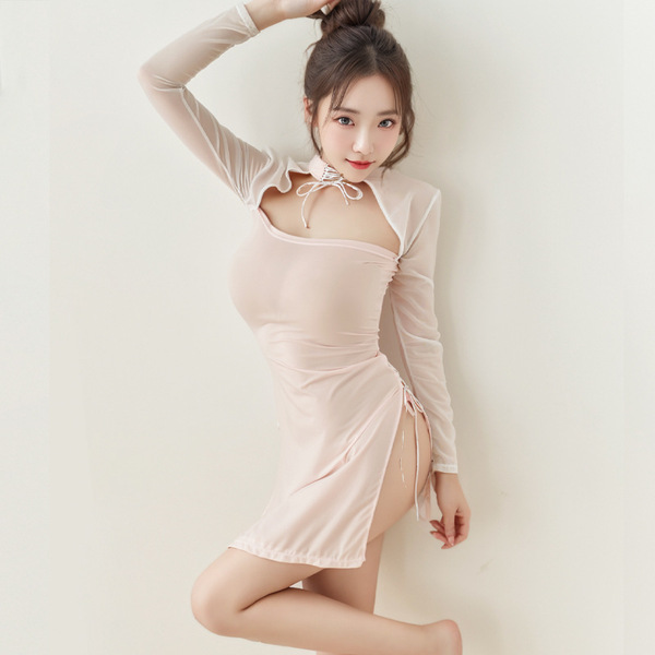 Elegant sheer split cheongsam dress set, featuring delicate design and feminine allure, perfect for women seeking stylish and...