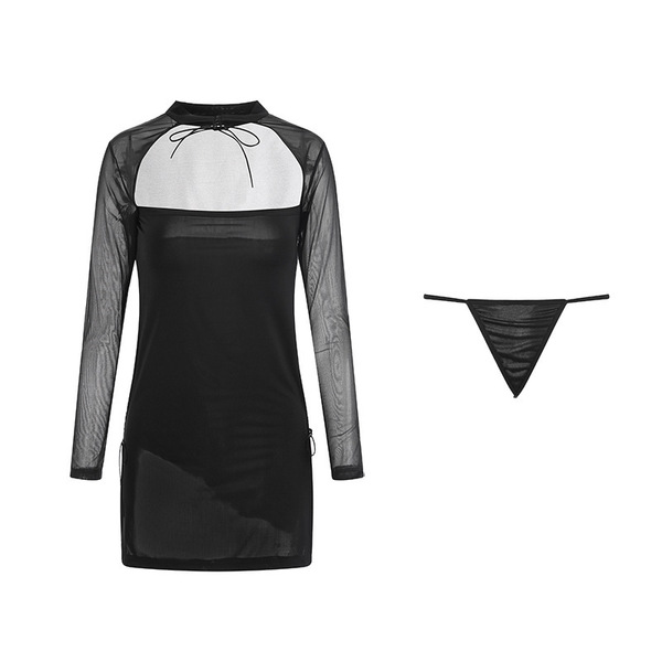 Elegant black sheer split cheongsam dress set with long sleeves and tie-front design, perfect for women seeking sensual allur...