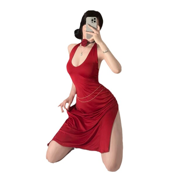 A woman poses in a red yilanfang new bride cheongsam lingerie dress featuring a deep v neck and halter design, perfect for ro...