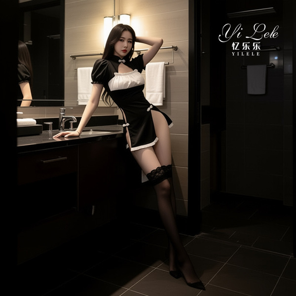 Sexy lace cheongsam lingerie with backless sheer satin mini dress, elegant uniform style outfit featuring ties and seductive ...