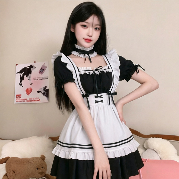 A woman wearing a yimenglan maid costume dress, featuring black and white colors with ruffled details, perfect for japanese k...