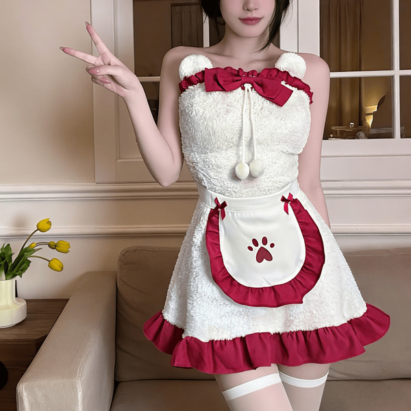 A cute bunny girl costume set featuring a fluffy white dress with red accents, perfect for christmas parties or cosplay event...