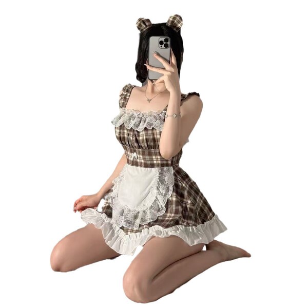 Sexy maid costume with plaid design and lace details, perfect for sleepwear or themed events.