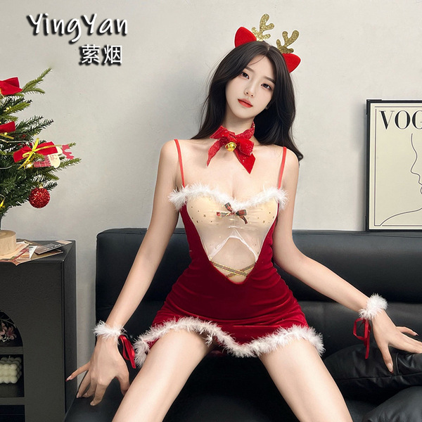 Sexy christmas-themed lingerie set featuring a bare-back bra top and matching bottoms, perfect for festive celebrations.
