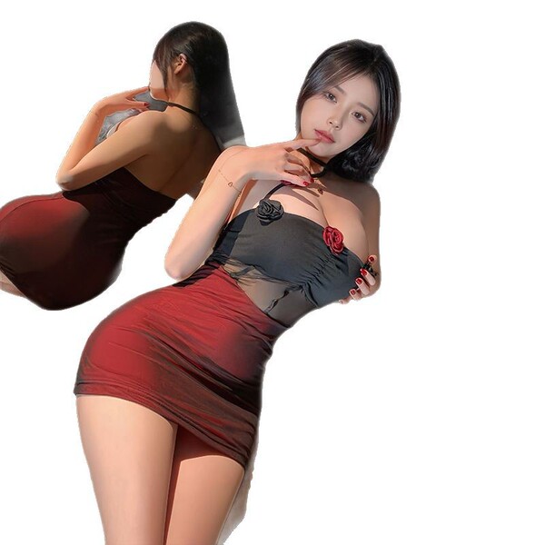 Elegant sheer mesh sleep dress featuring padded straps and rose embellishments, perfect for a pure yet tempting look.
