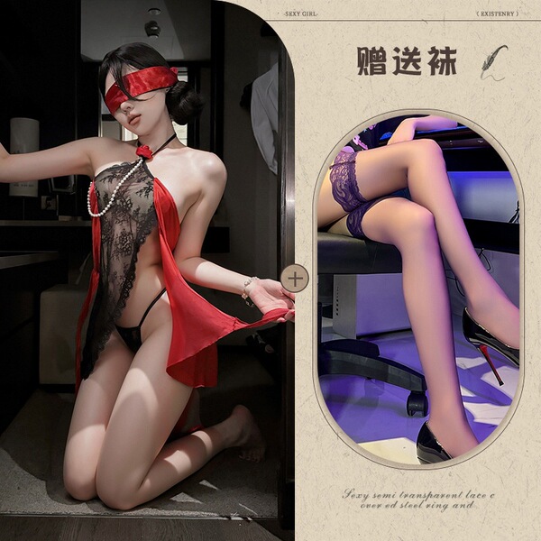 Y Sexy Lingerie Night Rose Tie-up Dress Lace Sexy Flirting Revealing Chest Set Maid Outfit - Eternal Night Rose + Black Stockings